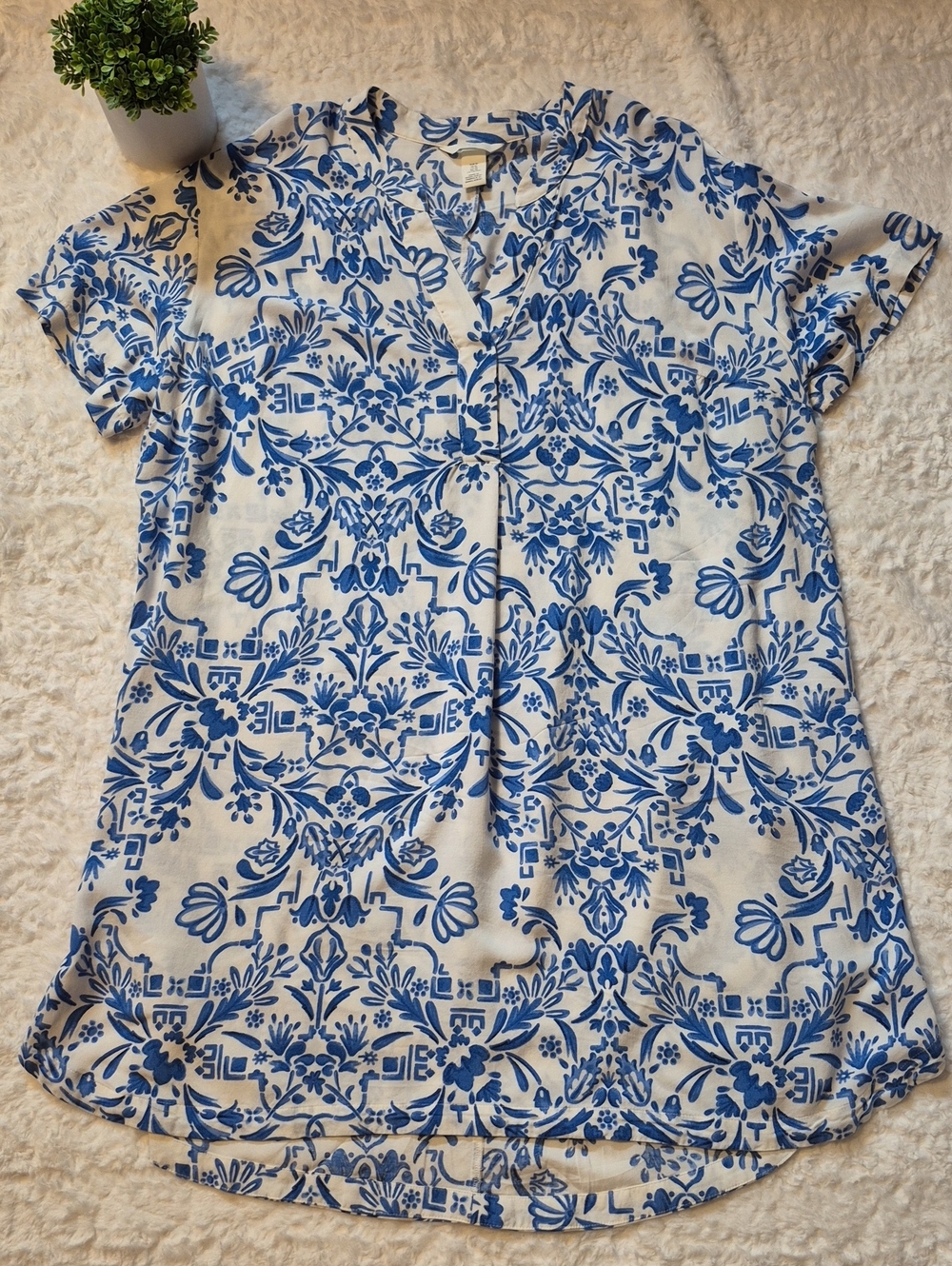 🎈H&M Blue & White Floral Print Short Sleeve Tunic Dress
